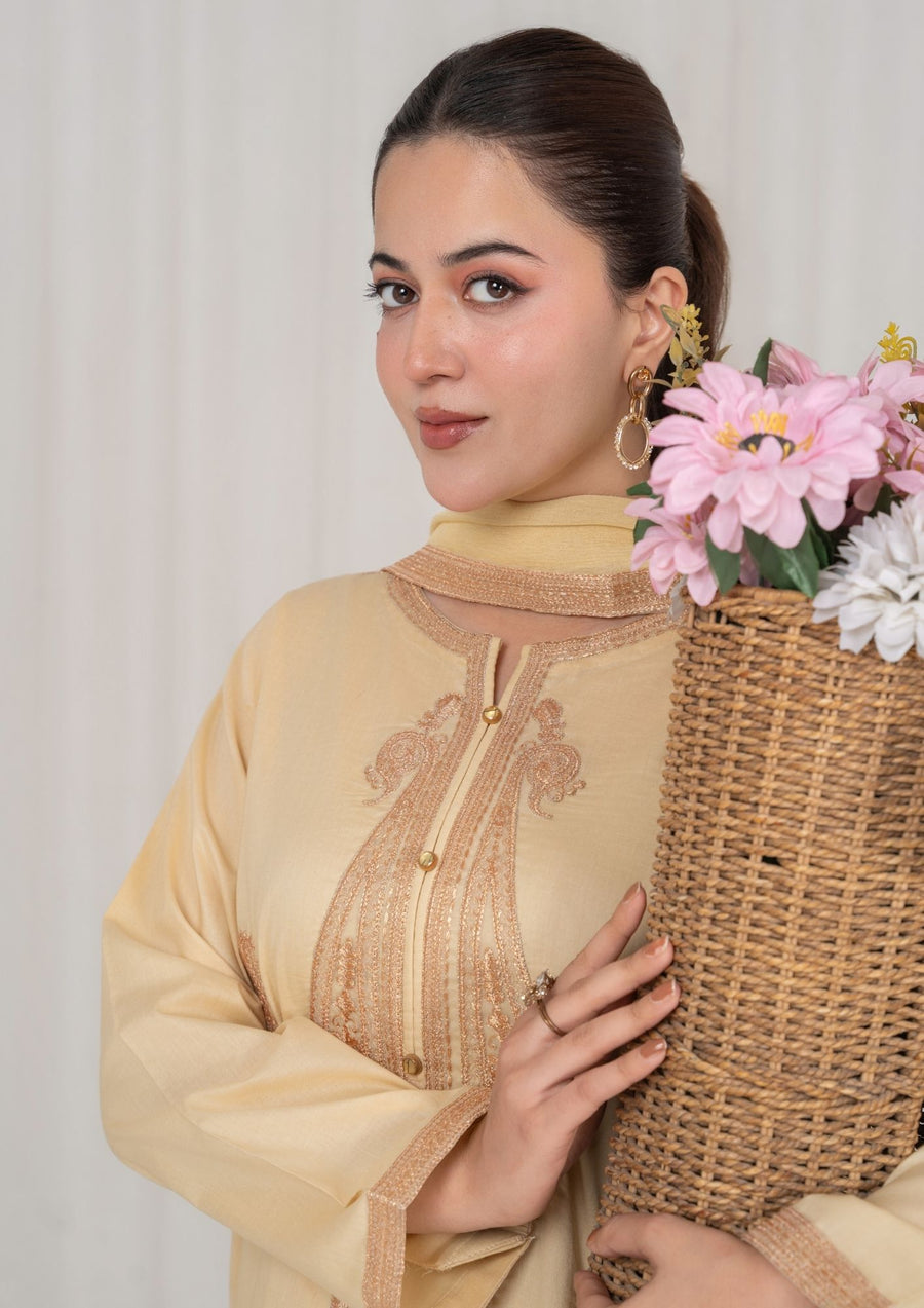 3PC BEIGE EMBROIDERED LAWN WITH CHIFFON DUPATTA lux-R26-0003