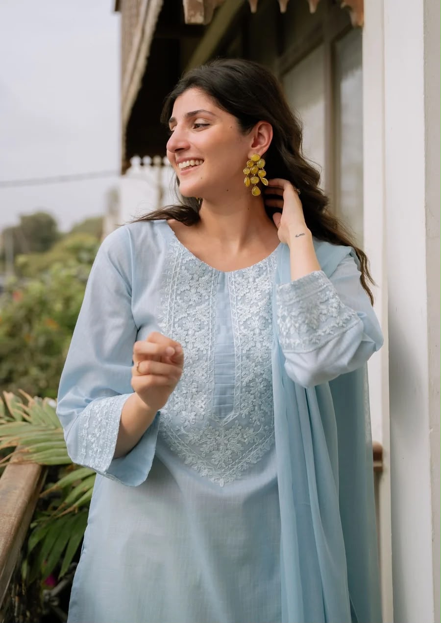 3Pc Ice Blue Embroidered Lawn with Chiffon Dupatta RIW-R26-0006