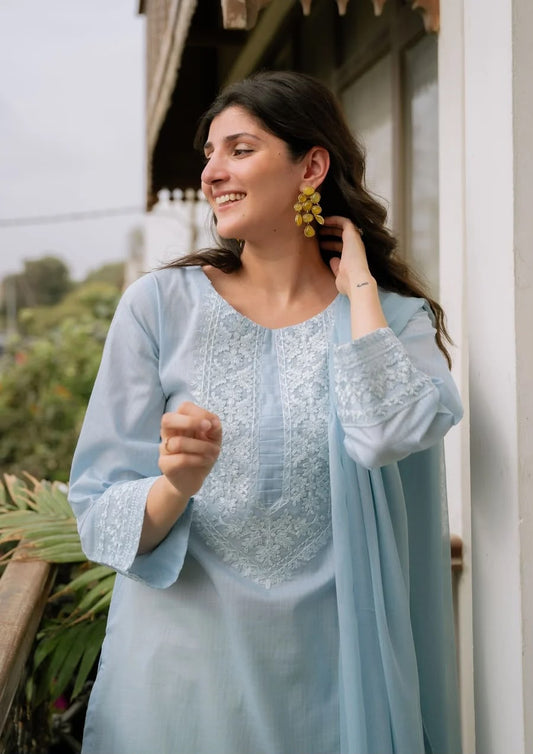 3Pc Ice Blue Embroidered Lawn with Chiffon Dupatta RIW-R26-0006