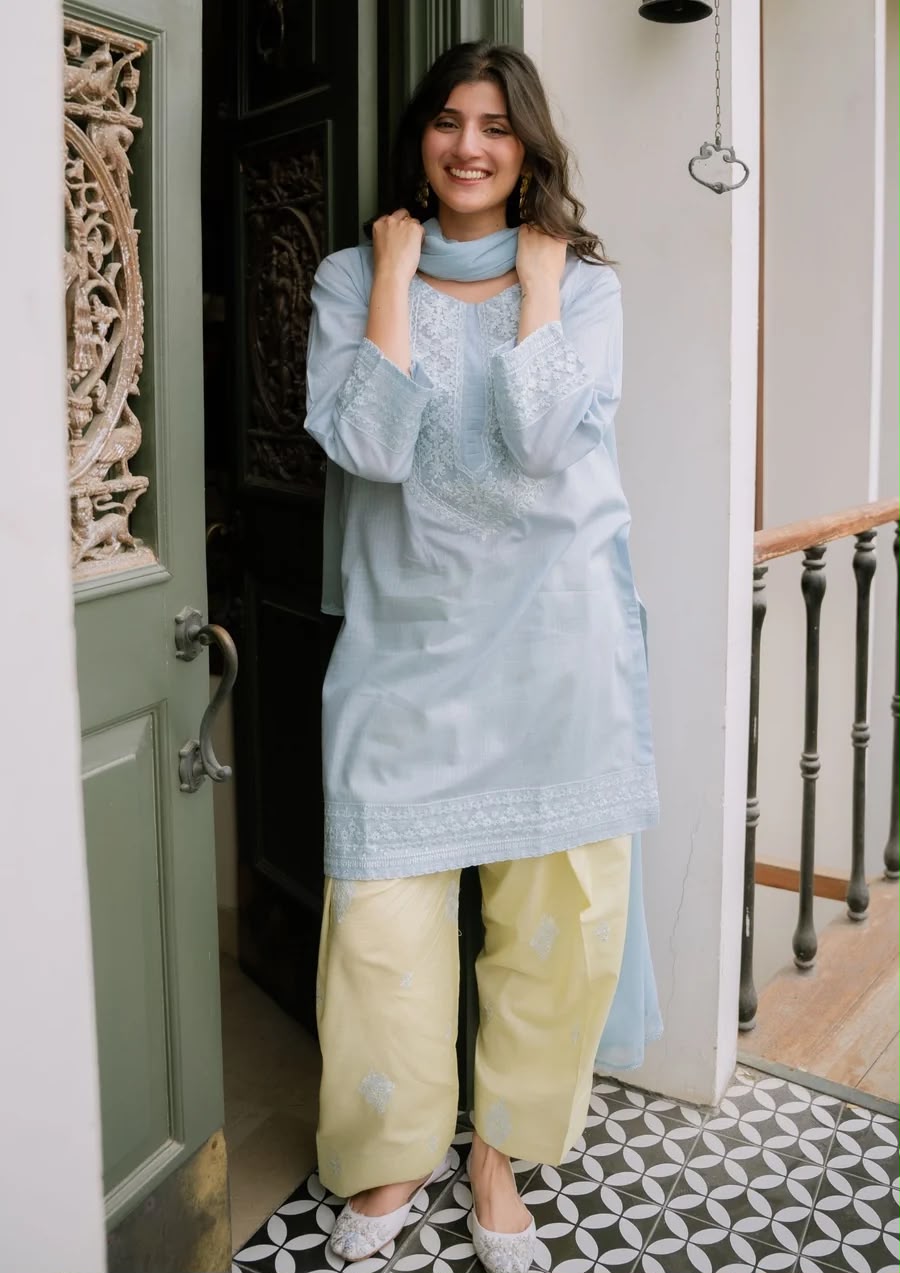 3Pc Ice Blue Embroidered Lawn with Chiffon Dupatta RIW-R26-0006