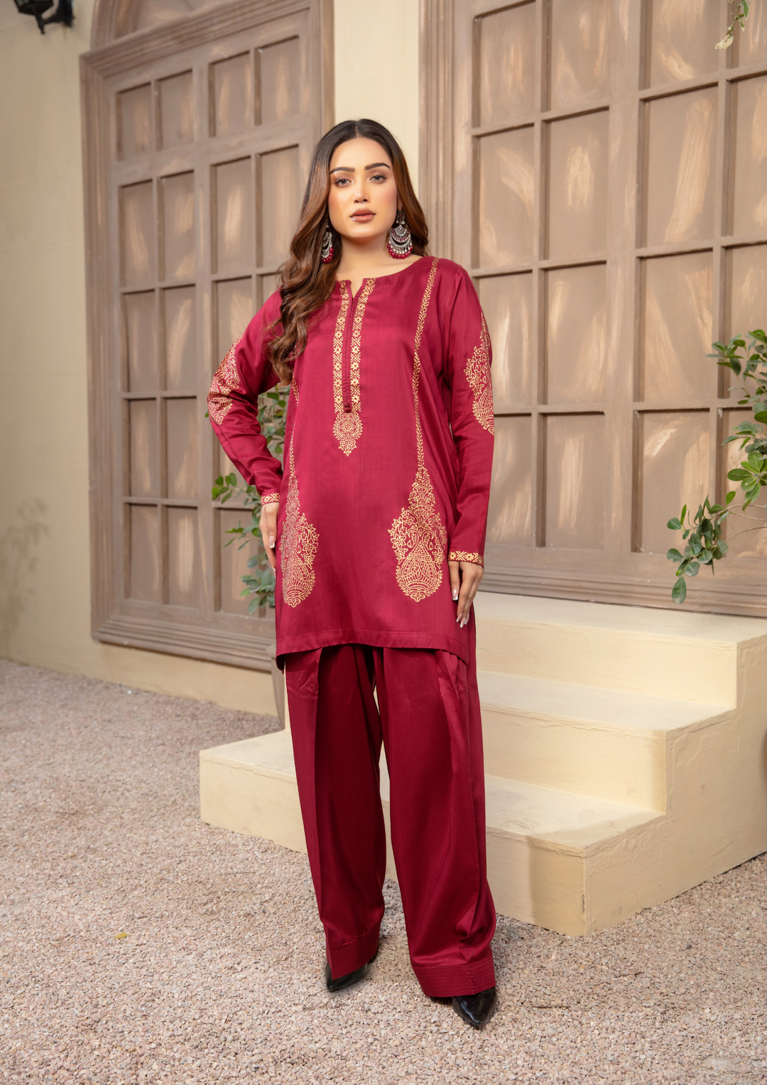2Pc Block Printed Silk Viscose with Farshi Shalwar JASHAN-S25-0019