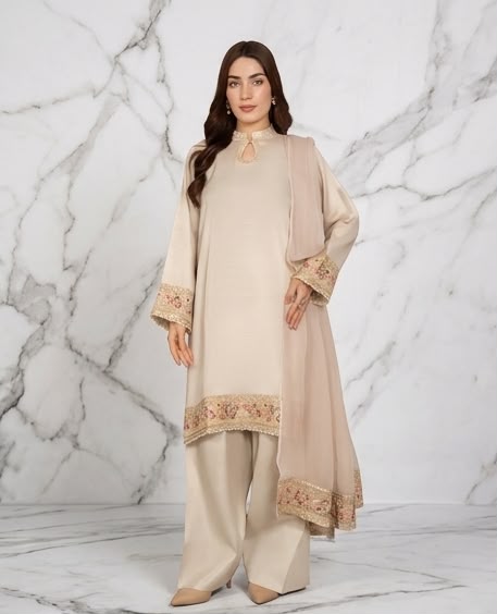 3Pc Embroidered Raw Silk with Farshi Shalwar FATAH-F25-0022