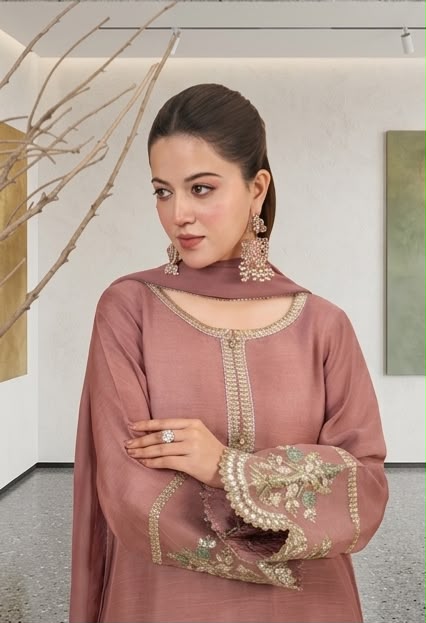 3Pc Silk Viscose Suit with Chiffon Dupatta & Sharara Tea Pink JASHAN-J26-0014