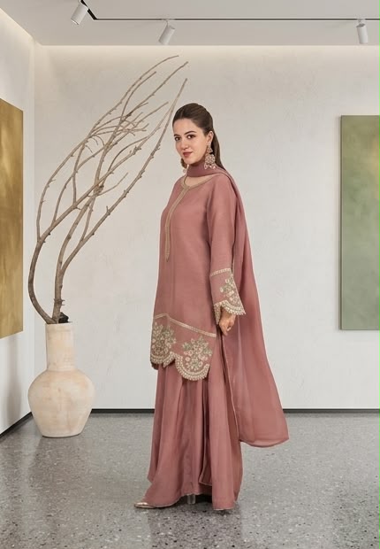 3Pc Silk Viscose Suit with Chiffon Dupatta & Sharara Tea Pink JASHAN-J26-0014