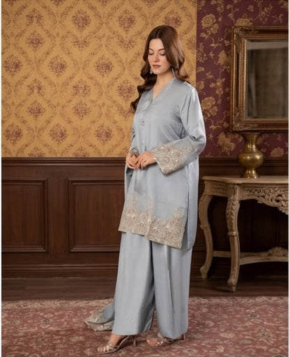 3Pc Embroidered Silk Viscose with Farshi Shalwar with Chiffon Embroidered Bordered Dupatta JASHAN-S25-0037