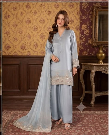 3Pc Embroidered Silk Viscose with Farshi Shalwar with Chiffon Embroidered Bordered Dupatta JASHAN-S25-0037