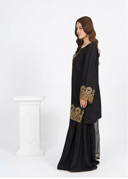 3Pc Silk Viscose Suit with Organza Dupatta & Gharara Black JASHAN-J26-0019