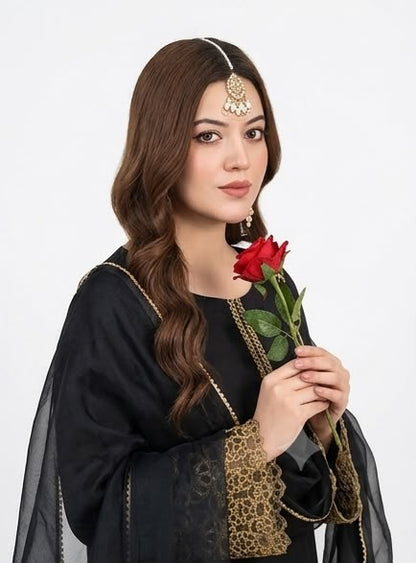 3Pc Silk Viscose Suit with Organza Dupatta & Gharara Black JASHAN-J26-0019