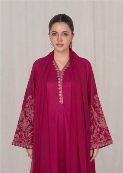 3Pc Burgundy Embroidered Lawn with Chiffon Dupatta RIW-R26-0034