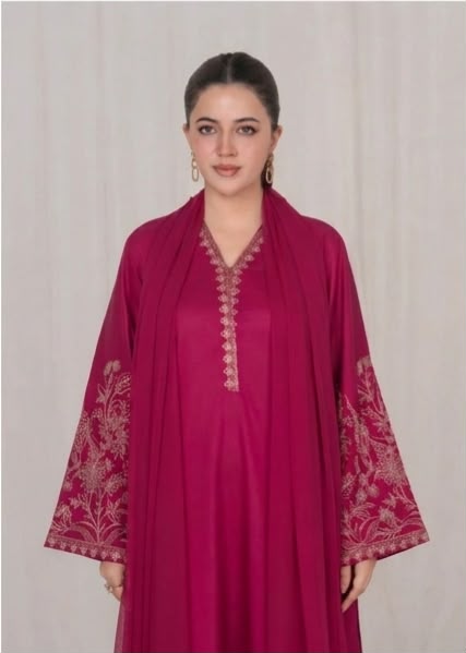 3Pc Burgundy Embroidered Lawn with Chiffon Dupatta RIW-R26-0034