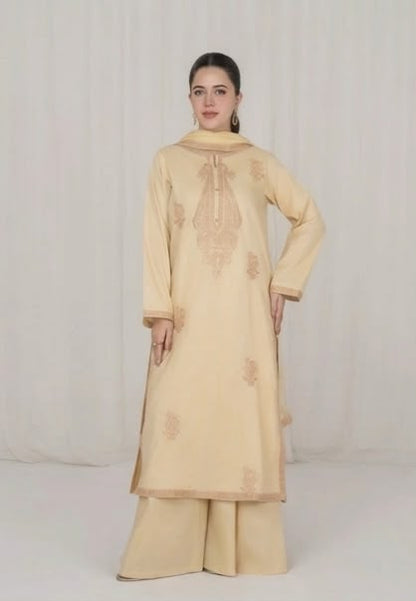 3Pc Beige Embroidered Lawn with Chiffon Dupatta RIW-R26-0003