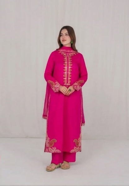 3Pc Hot Pink Embroidered Lawn with Chiffon Dupatta RIW-R26-0004