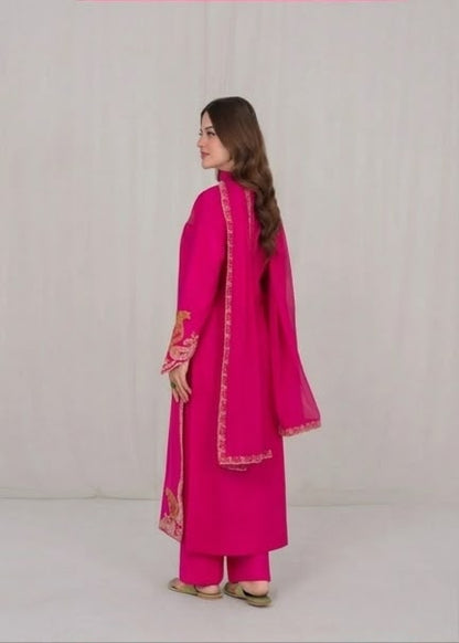 3Pc Hot Pink Embroidered Lawn with Chiffon Dupatta RIW-R26-0004