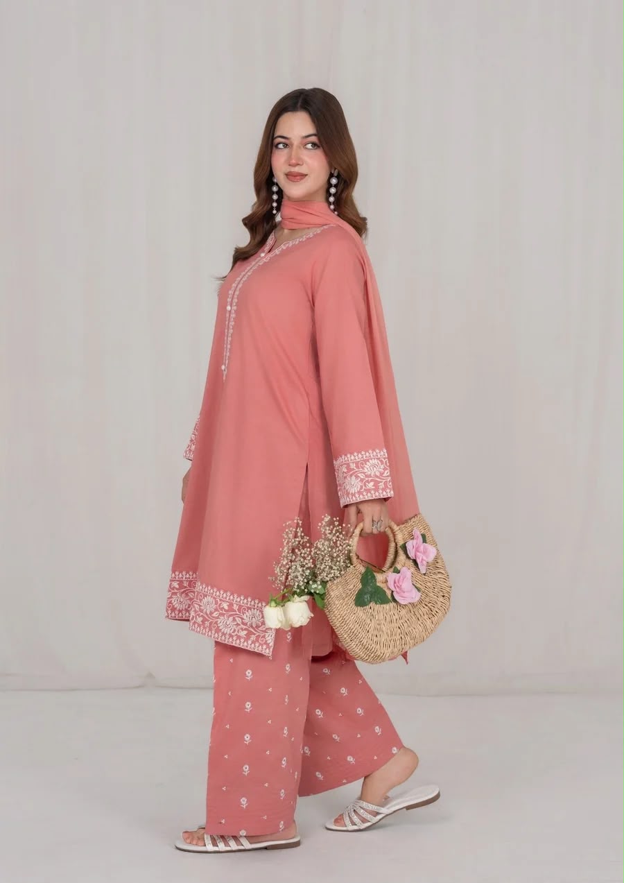 3Pc Peach Embroidered Lawn with Chiffon Dupatta RIW-R26-0008