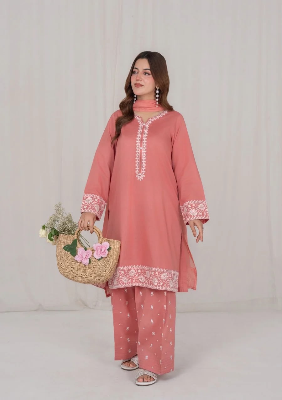 3Pc Peach Embroidered Lawn with Chiffon Dupatta RIW-R26-0008