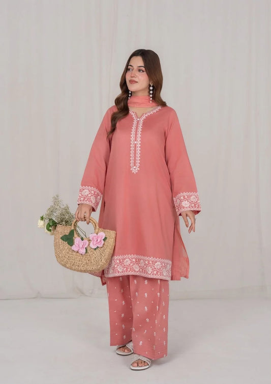3Pc Peach Embroidered Lawn with Chiffon Dupatta RIW-R26-0008