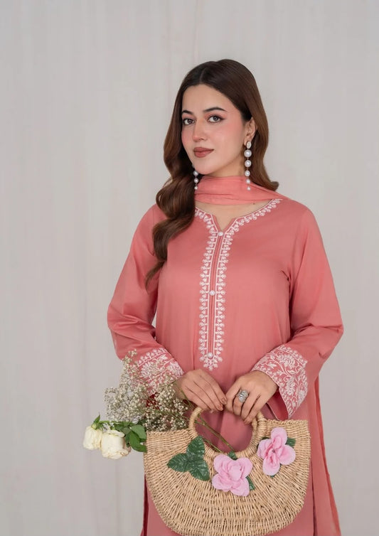 3Pc Peach Embroidered Lawn with Chiffon Dupatta RIW-R26-0008