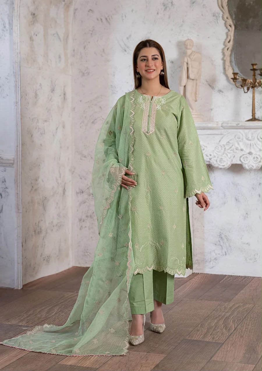 3PC MULTI EMBROIDERED LAWN WITH ORGANZA DUPATTA PISTACHIO RIW-R26-0046