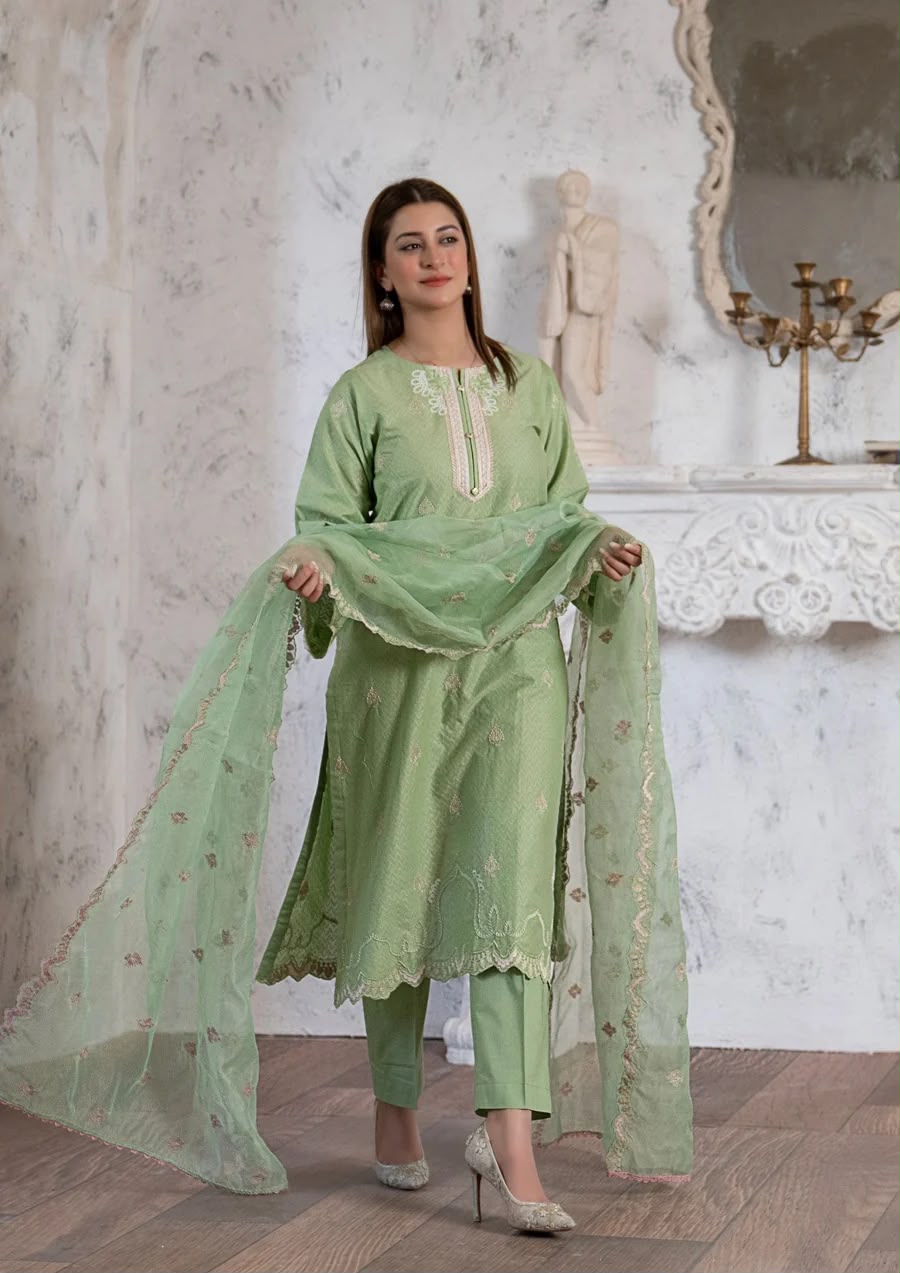 3PC MULTI EMBROIDERED LAWN WITH ORGANZA DUPATTA PISTACHIO RIW-R26-0046
