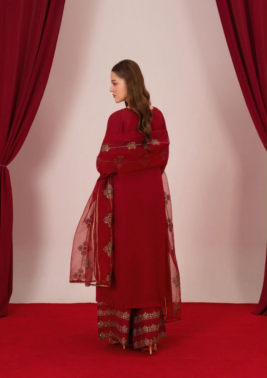 3PC EMBROIDERED SILK VISCOSE WITH ORGANZA DUPATTA MAROON | LUXE-L25-0002