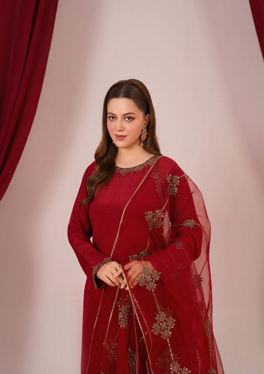 3PC EMBROIDERED SILK VISCOSE WITH ORGANZA DUPATTA MAROON | LUXE-L25-0002