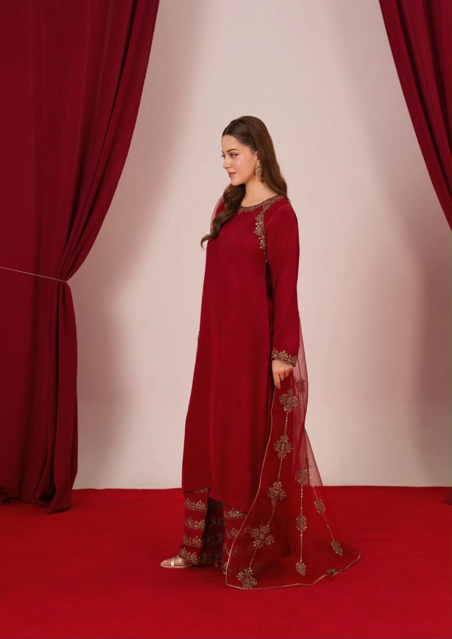 3PC EMBROIDERED SILK VISCOSE WITH ORGANZA DUPATTA MAROON | LUXE-L25-0002