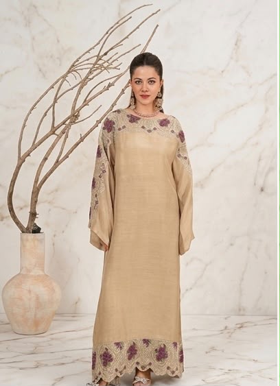 2Pc Silk Viscose Kaftan Beige JASHAN-J26-0024