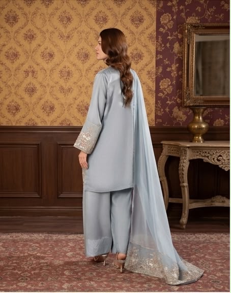 3Pc Embroidered Silk Viscose with Farshi Shalwar with Chiffon Embroidered Bordered Dupatta JASHAN-S25-0037