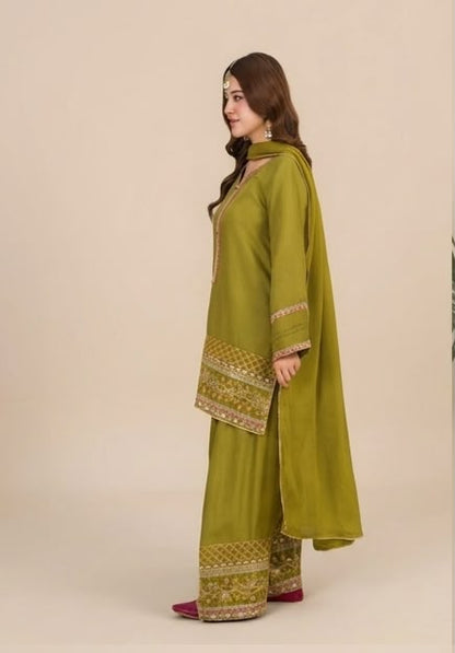 3-Piece Silk Viscose Suit with Chiffon Dupatta & Farshi Shalwar | BASANT-B25-0001