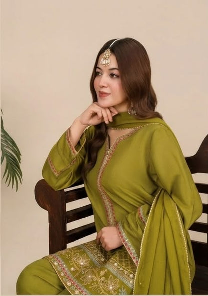 3-Piece Silk Viscose Suit with Chiffon Dupatta & Farshi Shalwar | BASANT-B25-0001