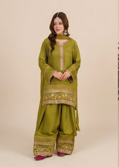 3-Piece Silk Viscose Suit with Chiffon Dupatta & Farshi Shalwar | BASANT-B25-0001