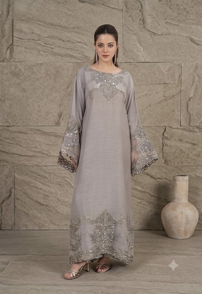 2Pc Silk Viscose Kaftan Silver JASHAN-J26-0025