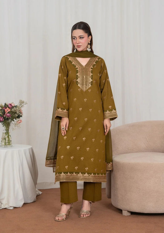 3Pc Tilla Embroidered Textured Lawn with Embroidered Border Chiffon Dupatta Olivish Brown JASHAN-J26-0027