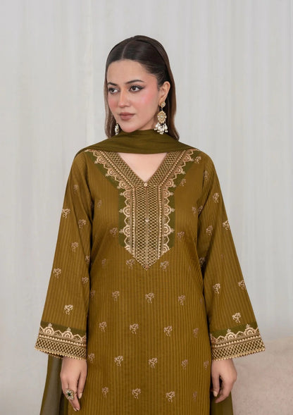 3Pc Tilla Embroidered Textured Lawn with Embroidered Border Chiffon Dupatta Olivish Brown JASHAN-J26-0027