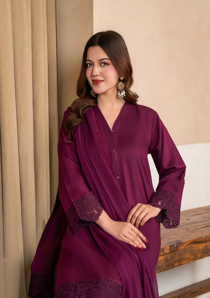 3Pc Embroidered Silk Viscose with Farshi Shalwar Magenta JASHAN-J26-0011