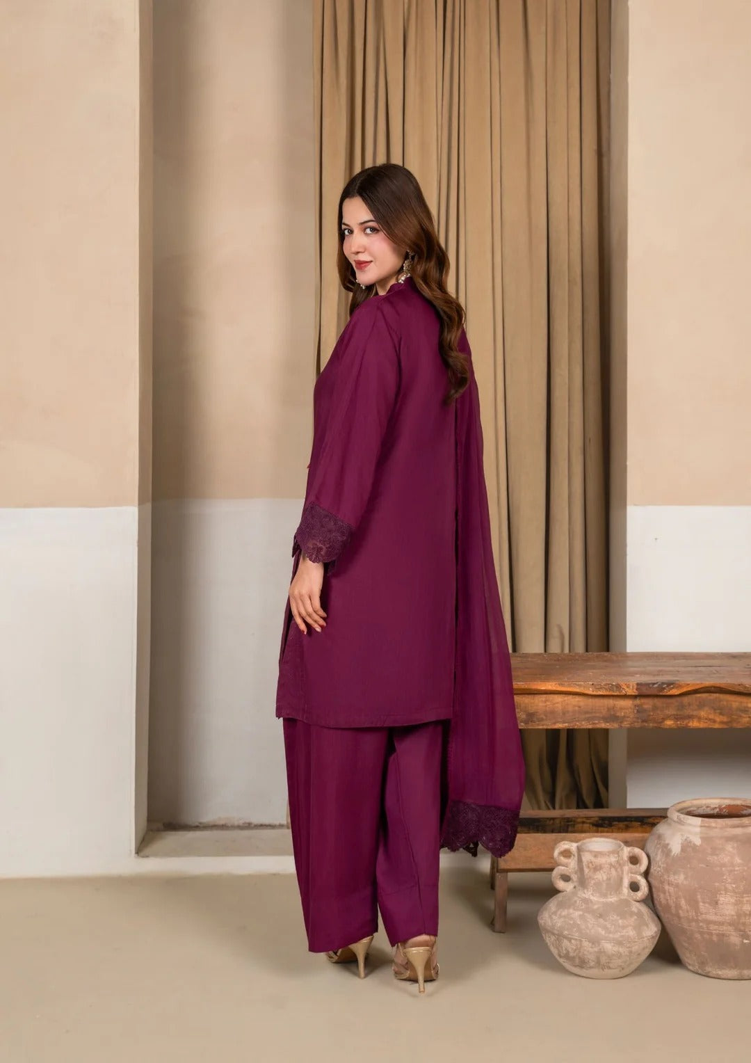 3Pc Embroidered Silk Viscose with Farshi Shalwar Magenta JASHAN-J26-0011