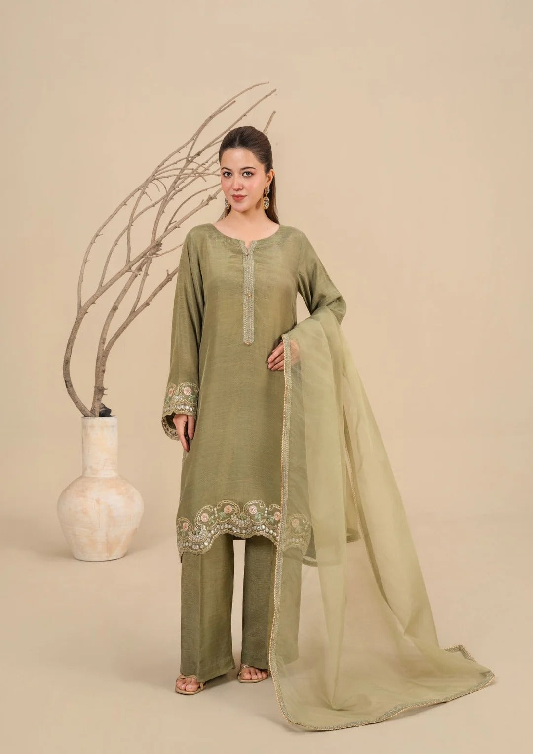 3Pc Embroidered Silk Viscose Olive Green JASHAN-J26-0017