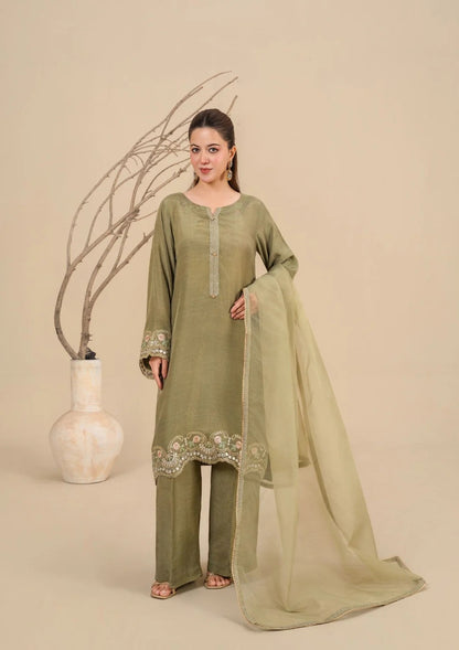 3Pc Embroidered Silk Viscose Olive Green JASHAN-J26-0017