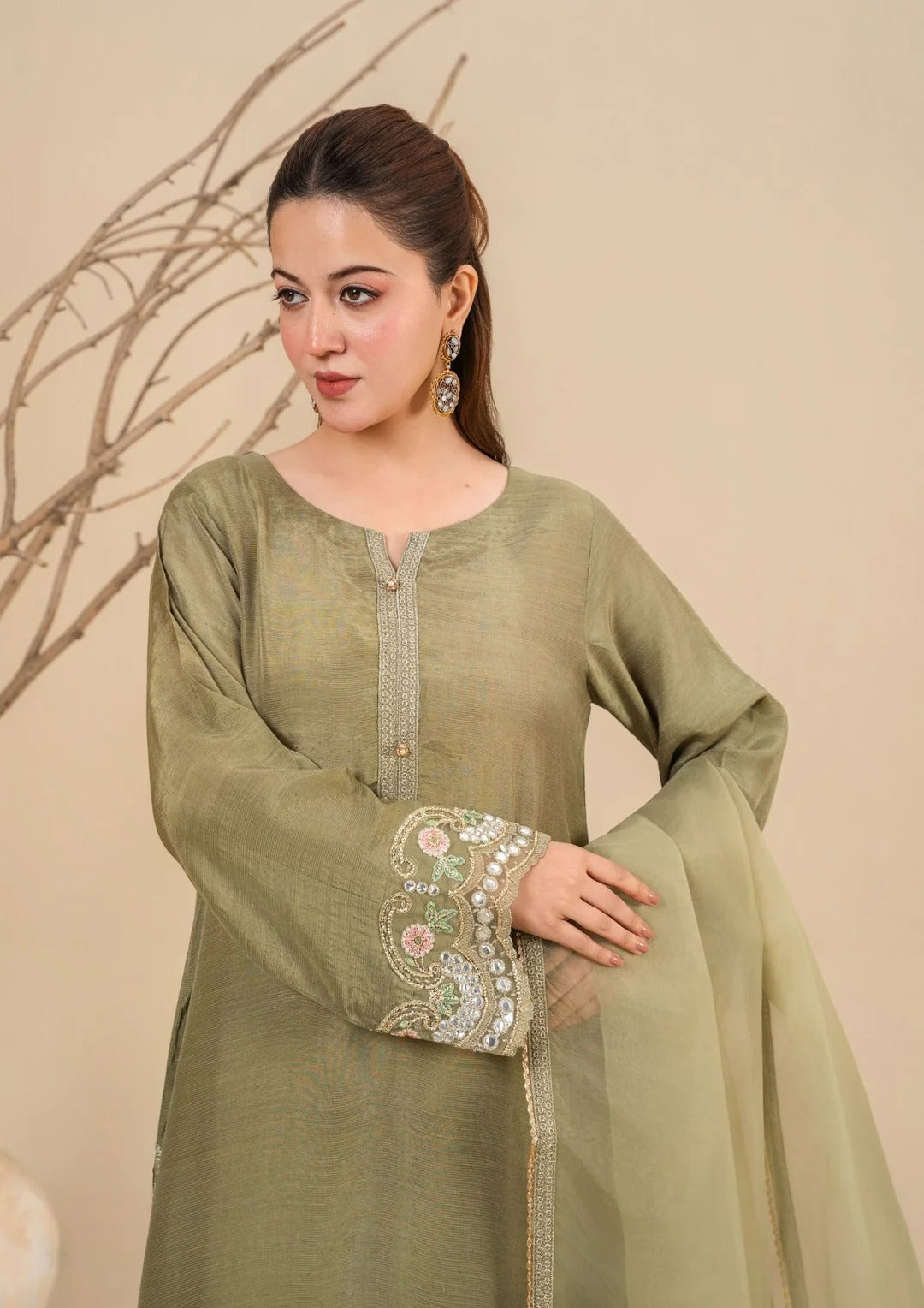 3Pc Embroidered Silk Viscose Olive Green JASHAN-J26-0017