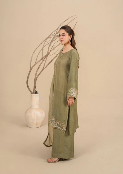 3Pc Embroidered Silk Viscose Olive Green JASHAN-J26-0017