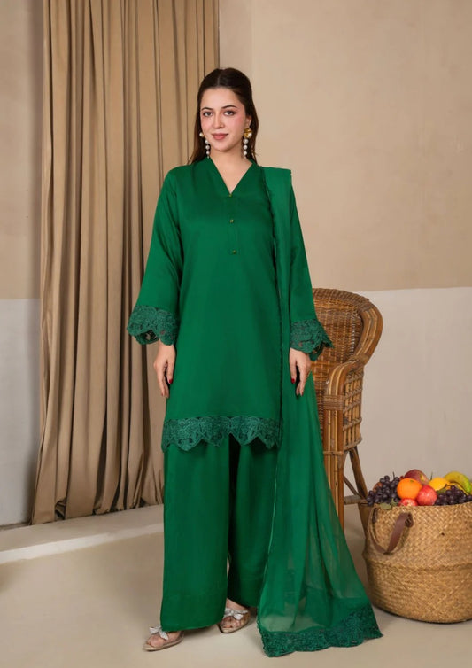 3Pc Embroidered Silk Viscose with Farshi Shalwar Bottle Green JASHAN-J26-0009