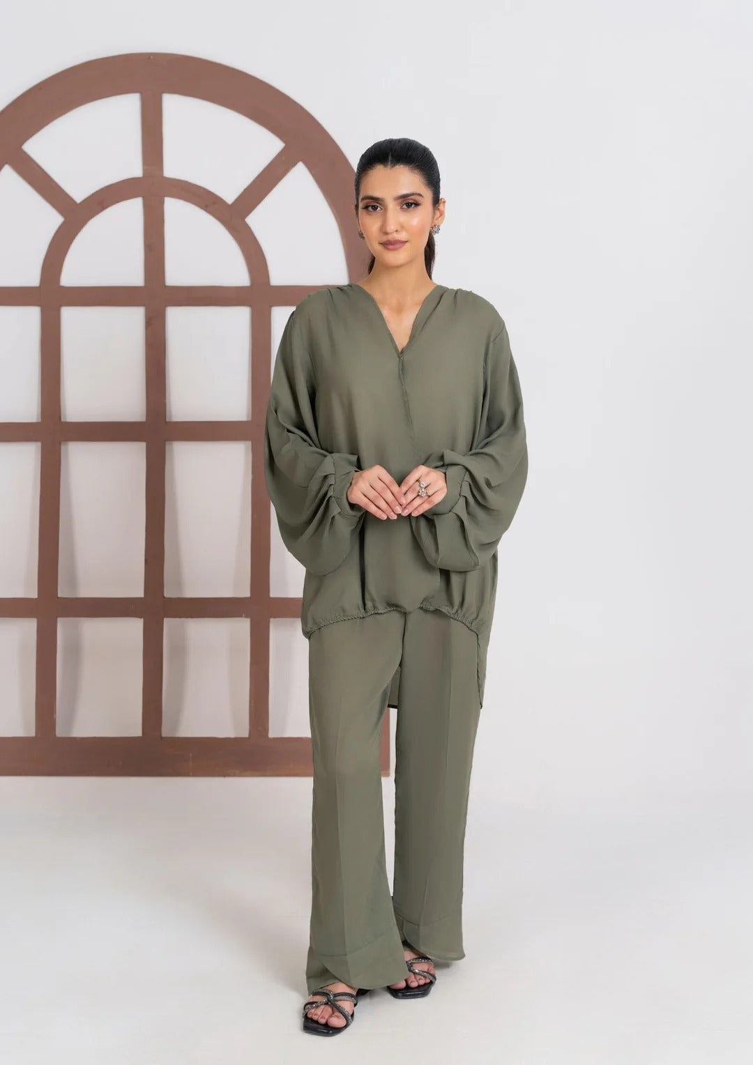 2PC Olive Georgette Co-ord Set JUPITER-J25-0007