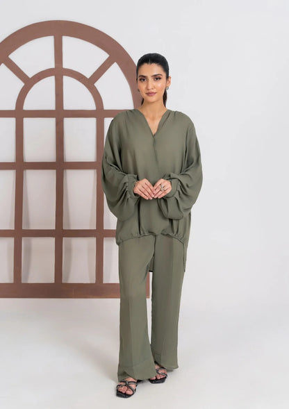 2PC Olive Georgette Co-ord Set JUPITER-J25-0007