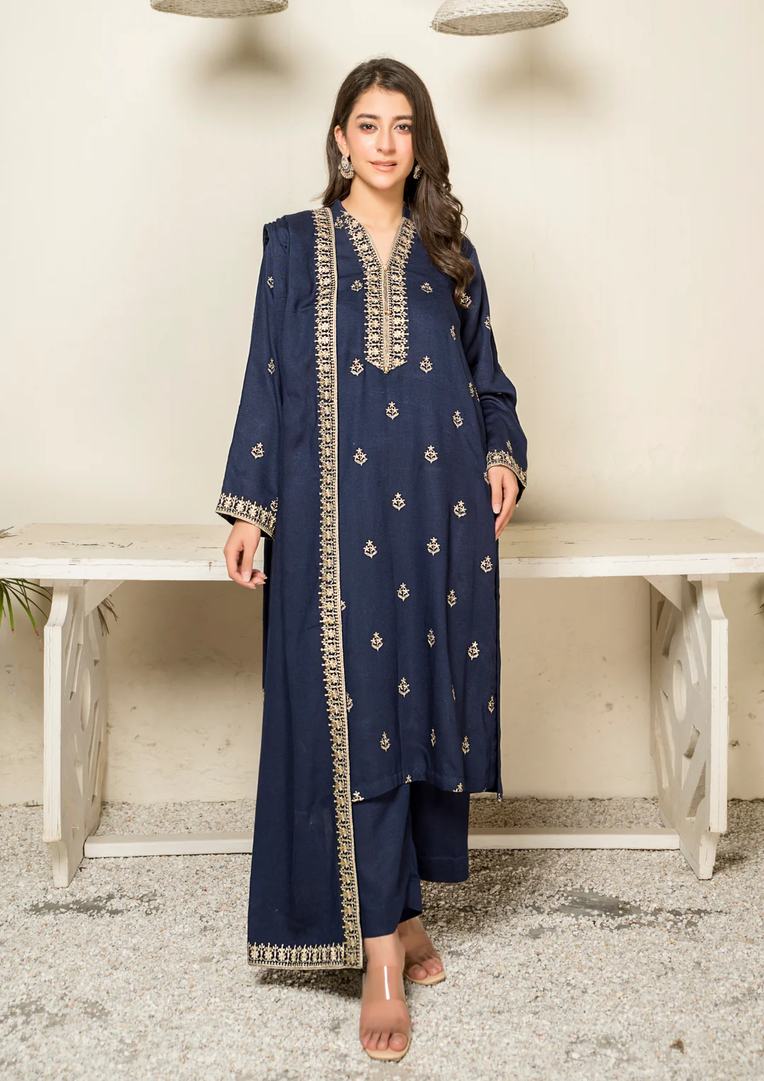 3Pc Tilla Embroidered Silk Karandi with Tilla Embroidered Border Shawl W24-TIL-0014