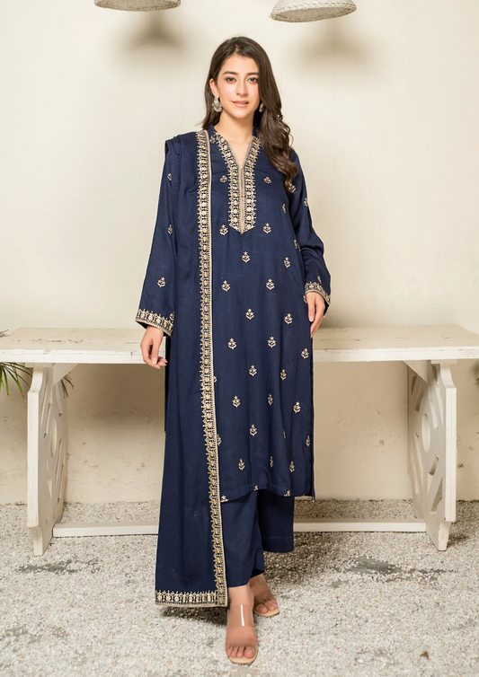 3Pc Tilla Embroidered Silk Karandi with Tilla Embroidered Border Shawl W24-TIL-0014