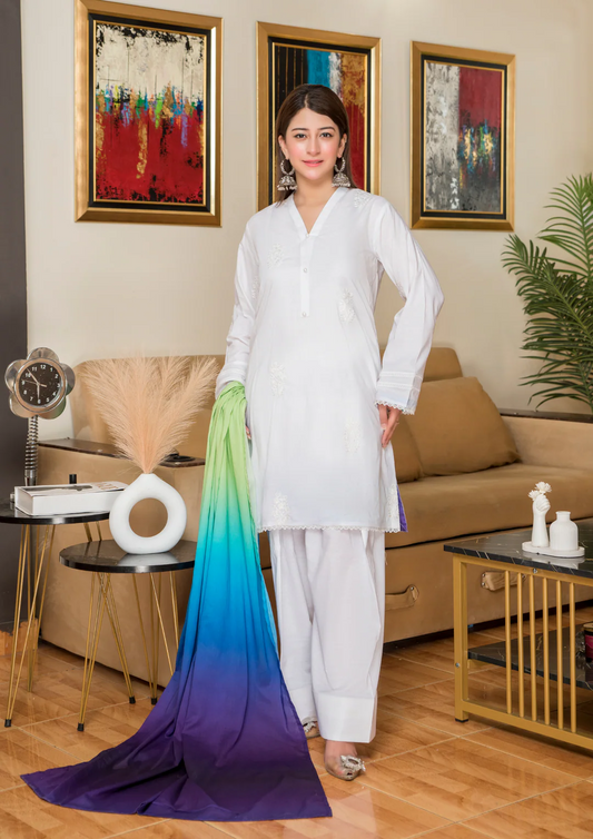 3Pc Embroidered Cotton Lawn with Ombre Printed Lawn Dupatta OMBRE-O25-0001