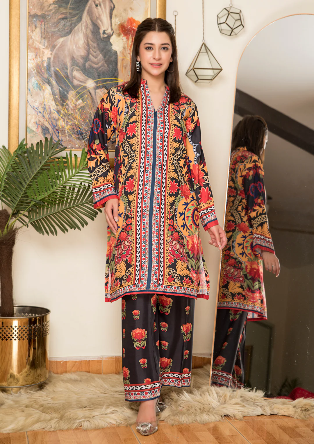 2Pc Printed Arabic Silk Lawn Set ASLS-A25-0008