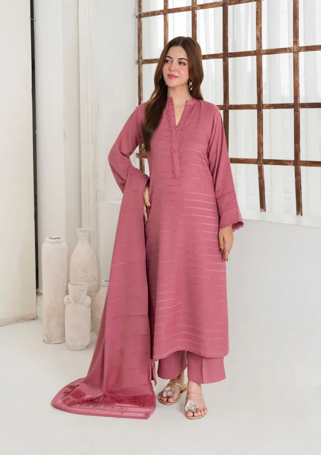 3pc Alpine Velvet Shirt with Velvet Border Shawl and Plain Trouser AML-W25-0012