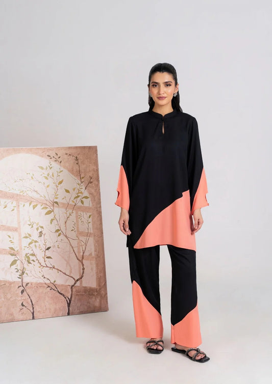 2PC Coral Noir Georgette Color-Block Set JUPITER-J25-0008
