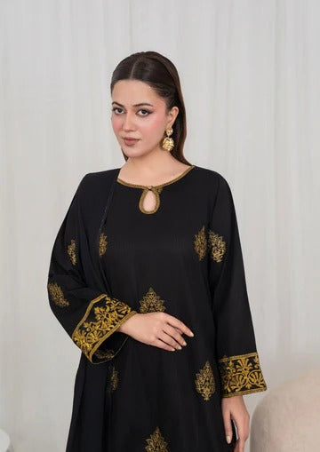 3Pc Tilla Embroidered Lawn with Embroidered Border Chiffon Dupatta Black JASHAN-J26-0031